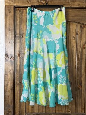 Ruby Rd. Aqua, Lime & White Floral Tiered Maxi Skirt